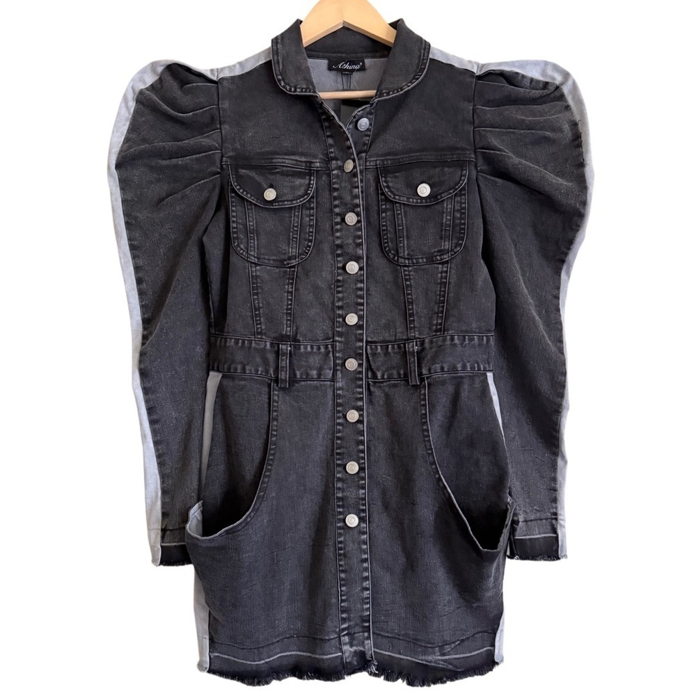 ATHINA Maximalist Puff Sleeves Y2K Retro Festival Two-Tone Denim Dress Sz M NWT